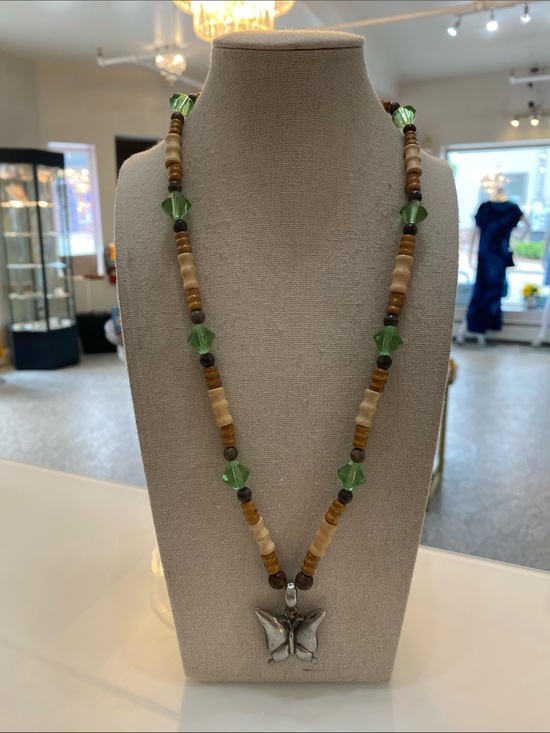 Jewelry - Handmade Green and Brown Beaded Necklace with Butterfly Pendant